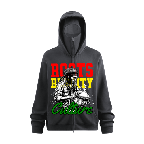 Black hoodie with graphic design featuring a drummer and the text 'ROOTS REALITY Culture' in red, yellow, and green.